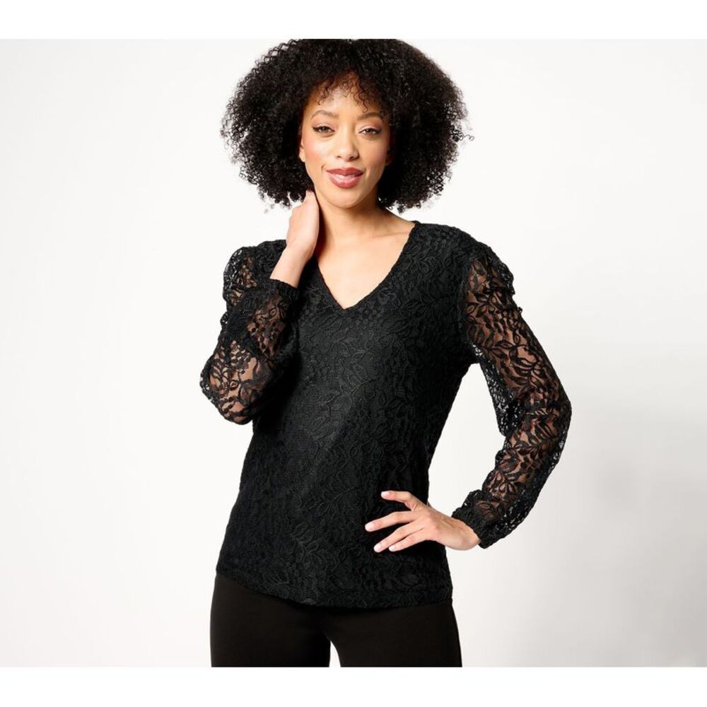BEAUTIFUL by Lawrence Zarian Women's Top Sz XL V-Neck Lace Blouse Black A685805